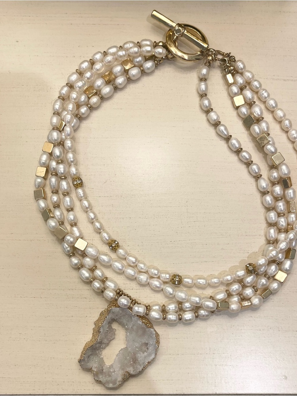 Pearl and Gold Multi-Strand Necklace with Druzy Pendant - White/Gold